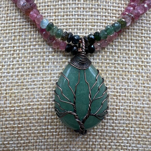 Artisan Elbaite & Copper Necklace with Wire-wrapped Aventurine Pendant - Picture 3 of 6